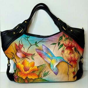 Anuschka Flying Jewels Hummingbird Hand Painted Leather Hobo Bag